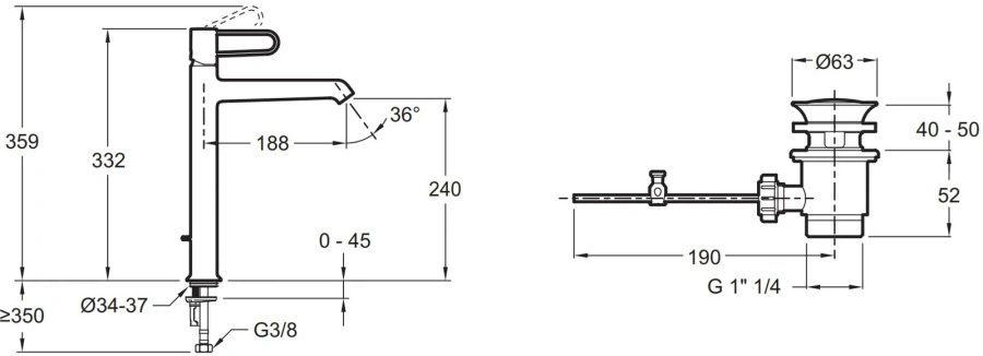 Смеситель для раковины Jacob Delafon Odeon Rive Gauche корпус белый, ручка черная E21030-BL-00 (детальная фотография), для раковины