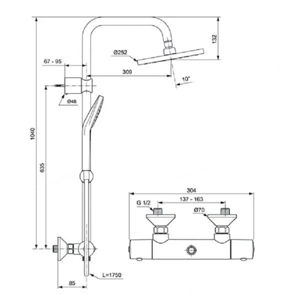 Душевая стойка Ideal Standard IdealRain Eco Evo с термостатическим смесителем A6942AA (детальная фотография), современные, hi-tech