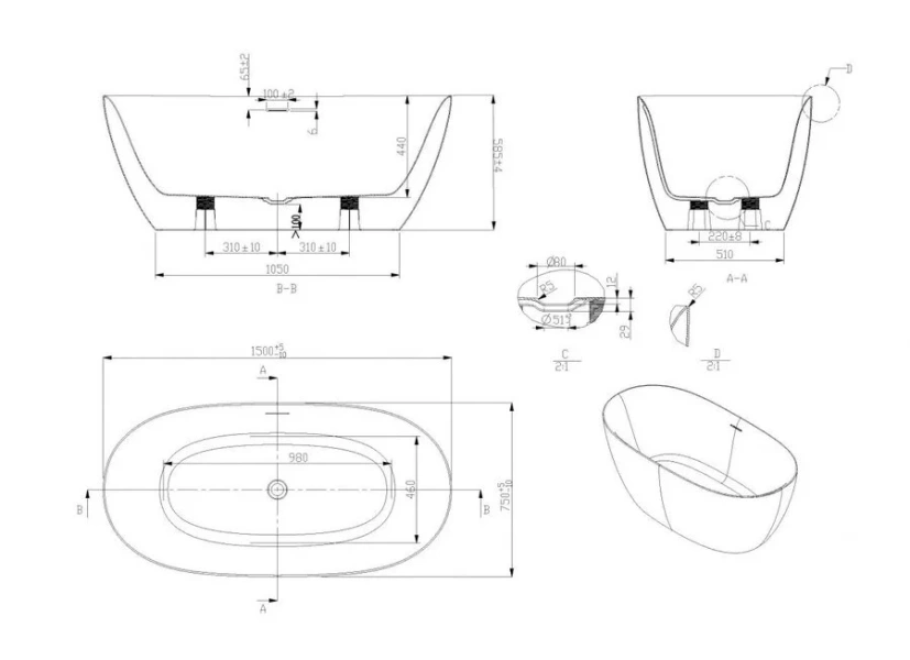 Ванна акриловая Art&Max Genova AM-GEN-1500-750, 150 x 75 см, белый (детальная фотография), акриловые