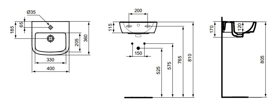 Раковина Ideal Standard Tempo 40 см подвесная T056701 (детальная фотография), современные, hi-tech