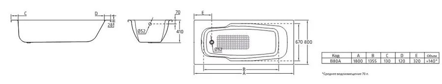 Ванна стальная BLB Atlantica 180х80 см с отверстиями для ручек B80AS2001 handles (детальная фотография), стеклянные