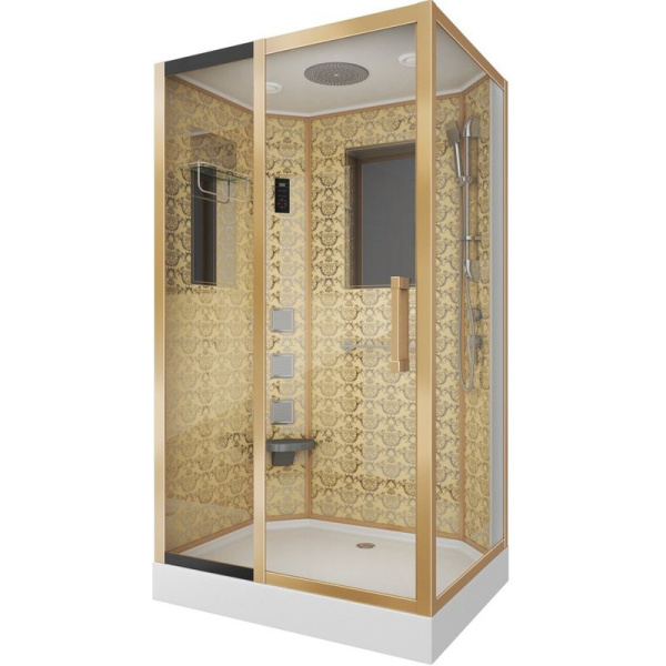 Душевая кабина Niagara Luxe 7711 120х80 см хром/золото (детальная фотография), пристенные, недорогие, для дачи, с гидромассажем, c тропическим душем, с вентиляцией, с крышей
