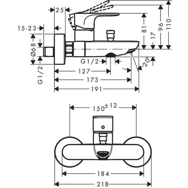 Смеситель для ванны Hansgrohe Rebris S матовый черный 72443670 (детальная фотография), для ванны