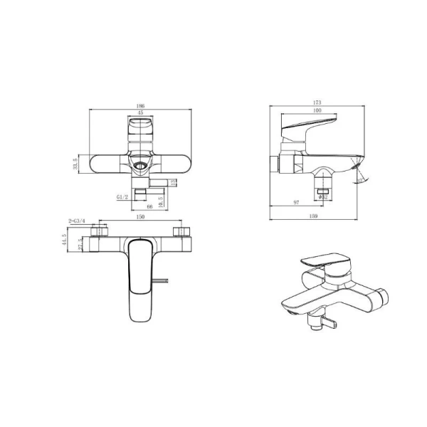 Смеситель для ванны Акватек Вега черный AQ1040MB (детальная фотография), для ванны