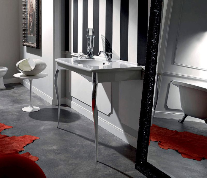 Раковина консоль с одним отверстием под смеситель, цвет белый, ноги хром Kerasan Retro 1049K0 bi*1 cr legs (детальная фотография), по запросу