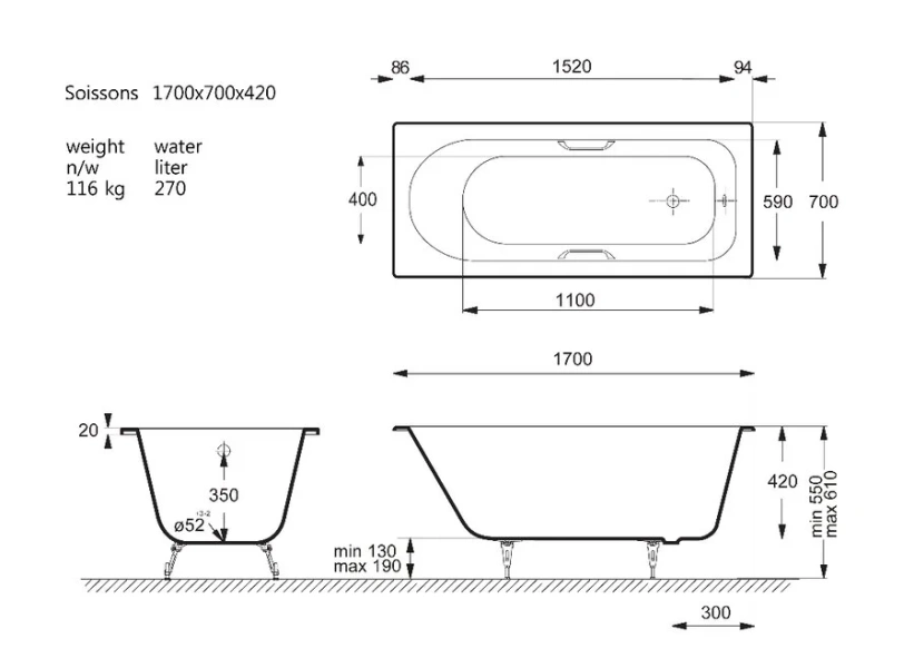 Чугунная ванна Vinsent Veron Soissons VCN1707042H/VH0012GD, 170 x 70 см, ручки золото, цвет белый (детальная фотография), чугунные