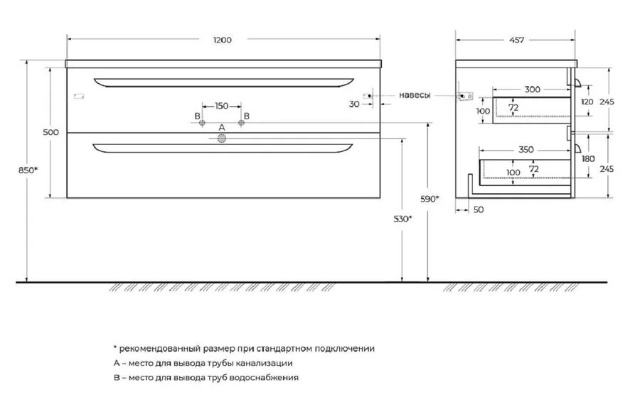 Тумба под раковину подвесная Cezares Eco 120 см Bianco Lucido, правосторонняя ECO-CER-N-1200-2C-SO-BL-R (детальная фотография), современная, hi-tech