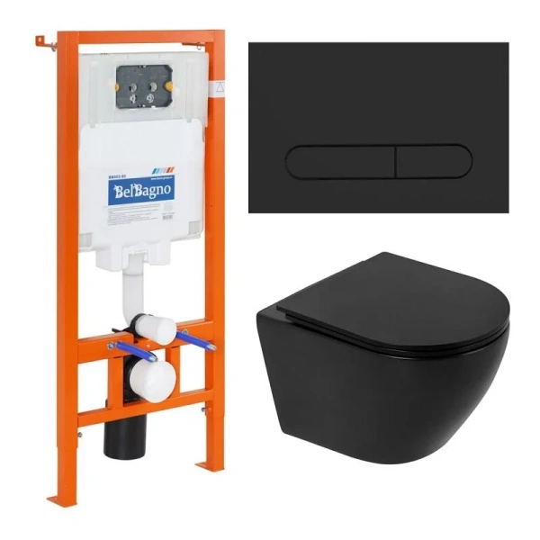 Унитаз с инсталляцией BelBagno Colorato с черной клавишей BB062CHR-MB/BB062SC-MB/BB002-80/BB007-PR-NERO.M (детальная фотография)