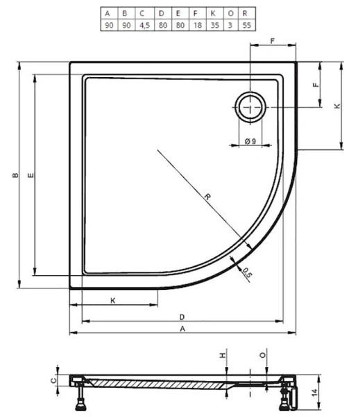 Душевой поддон акриловый белый с панелью R55 Riho Davos 281 90x90 см D002019005 (детальная фотография), полукруглые