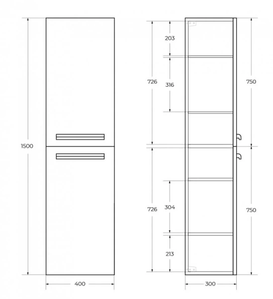 Шкаф-пенал подвесной Cezares Eco 40 см Sapfiro ECO-1500-2A-SC-SPF-P (детальная фотография), в наличии