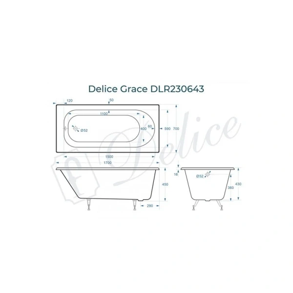 Ванна чугунная Delice Grace 170х70 см белая DLR230643 (детальная фотография), чугунные