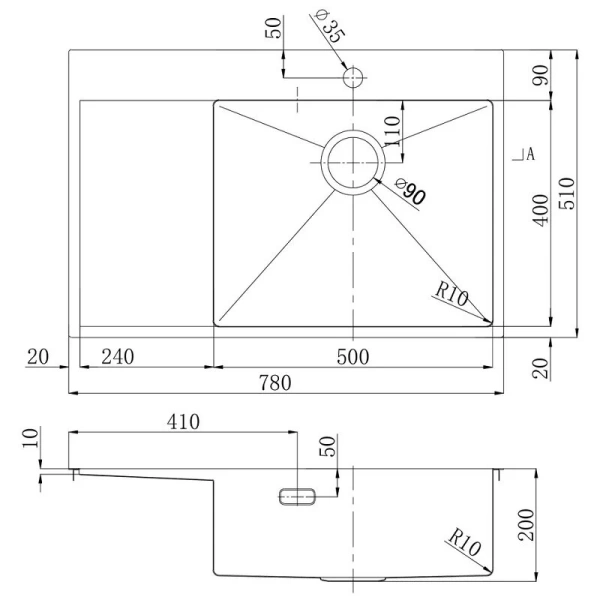 Мойка для кухни Lemark Kezadra 78 см сталь, правая 9937153 (детальная фотография), прямоугольной формы