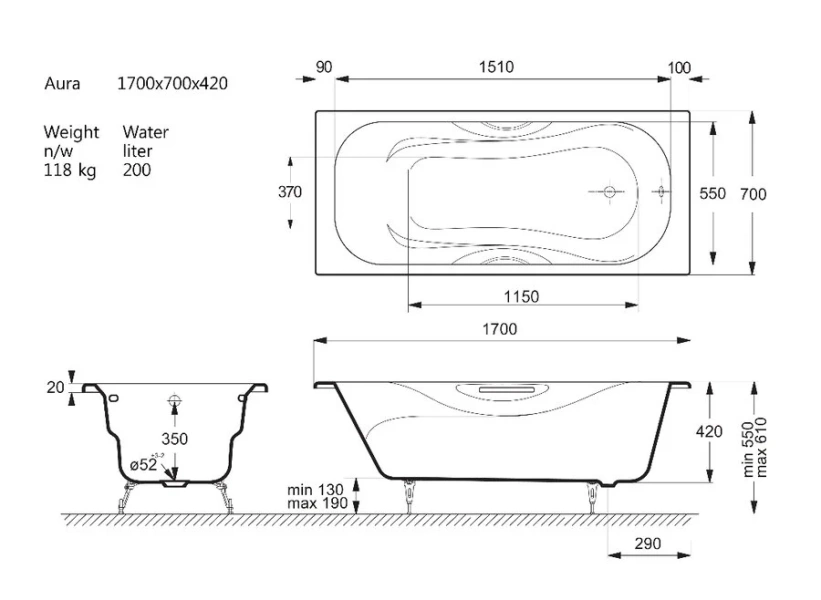 Чугунная ванна Vinsent Veron Aura VAU1707042H/VH0015BR, 170 x 70 см, ручки бронза, цвет белый (детальная фотография), чугунные