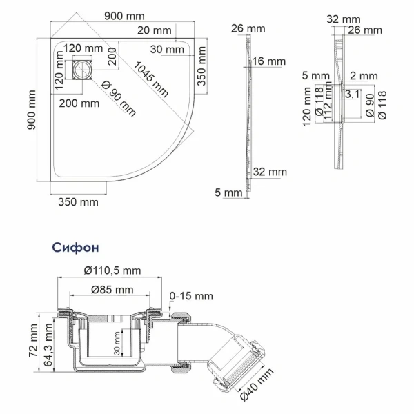 Душевой поддон WasserKRAFT Main 90x90 см белый 41T01 (детальная фотография), низкие до 15 см