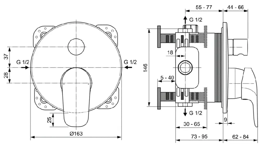 Смеситель для душа Ideal Standard Ceraflex A6725 с внутренней частью (детальная фотография), для душа