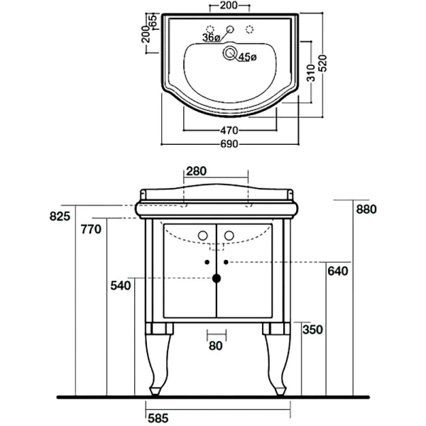Тумба под раковину напольная Kerasan Retro 58 см белый глянцевый 7361K5 (детальная фотография), в наличии
