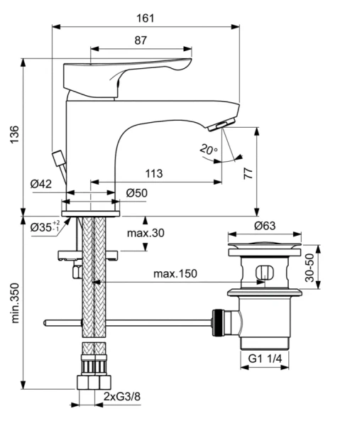 Смеситель для раковины Ideal Standard Dot 2.0 с донным клапаном BC321AA (детальная фотография), для раковины