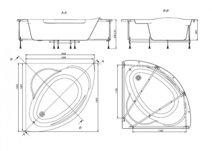 Ванна акриловая Roca Bali 150 x 150 см, 7.2486.3.900.0, четверть круга, белый (детальная фотография), акриловые