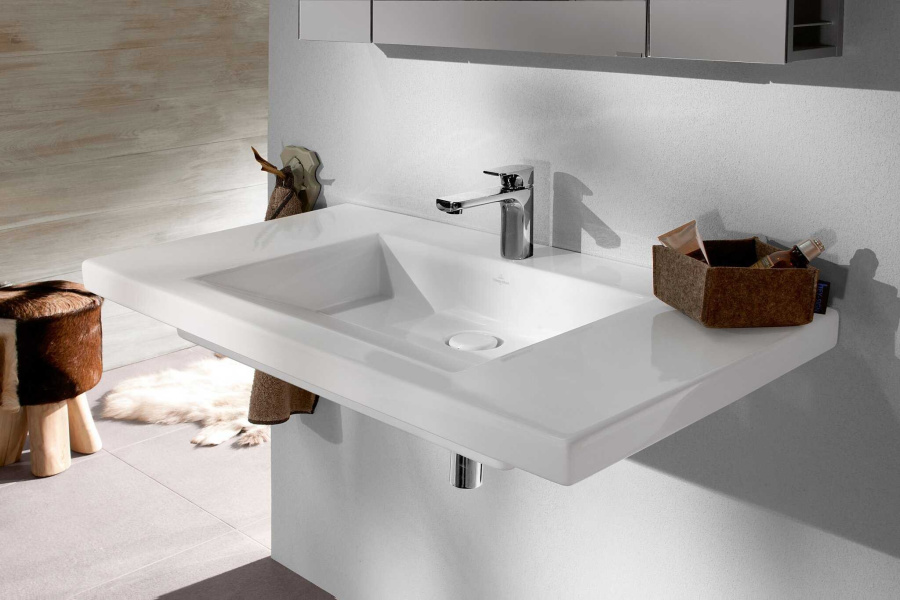 Раковина Villeroy & Boch Metric Art 100 см ярко-белая с покрытием CeramicPlus 519511R2 (детальная фотография), подвесные, на полупьедестал, пристенные