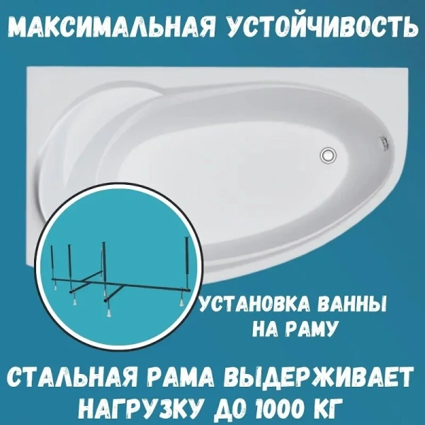 Ванна акриловая 1MarKa Julianna 01дж1410лкп, 170 x 100 см, левая, с панелью, каркасом и сливом-переливом, белая (детальная фотография), без гидромассажа
