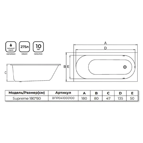 Ванна акриловая Alba Spa Supreme ВПР041000100, 180 x 80 см, цвет белый (детальная фотография), современныe, hi-tech