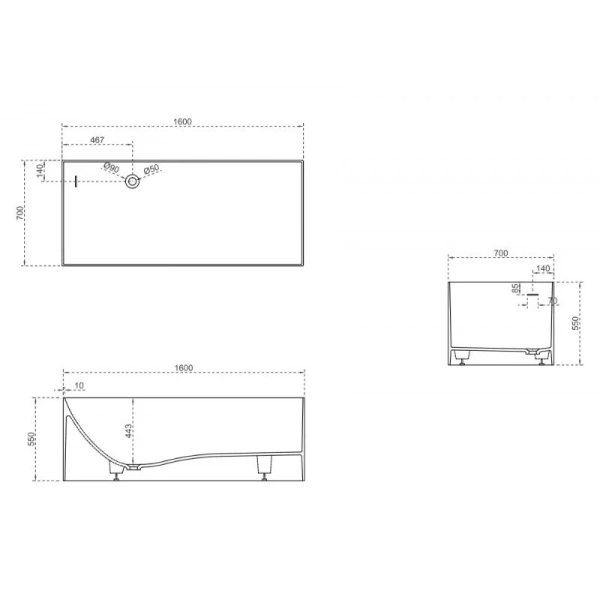 Ванна из искусственного камня Abber Stein 160х70 см белая матовая AS9640-1.6 (детальная фотография), 160x70 см