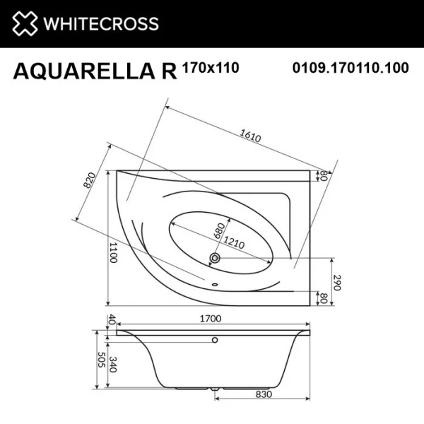 Ванна акриловая Whitecross Aquarella 0109.170110.100, 170 х 110 см, белая, правая (детальная фотография), акриловые
