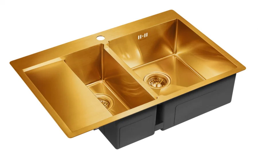 Мойка для кухни Paulmark Liga 78 см брашированное золото, правосторонняя PM227851-BGR (детальная фотография), с одной дополнительной чашей