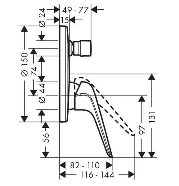 Смеситель для душа Hansgrohe Novus 71046000 однорычажный (детальная фотография), для душа