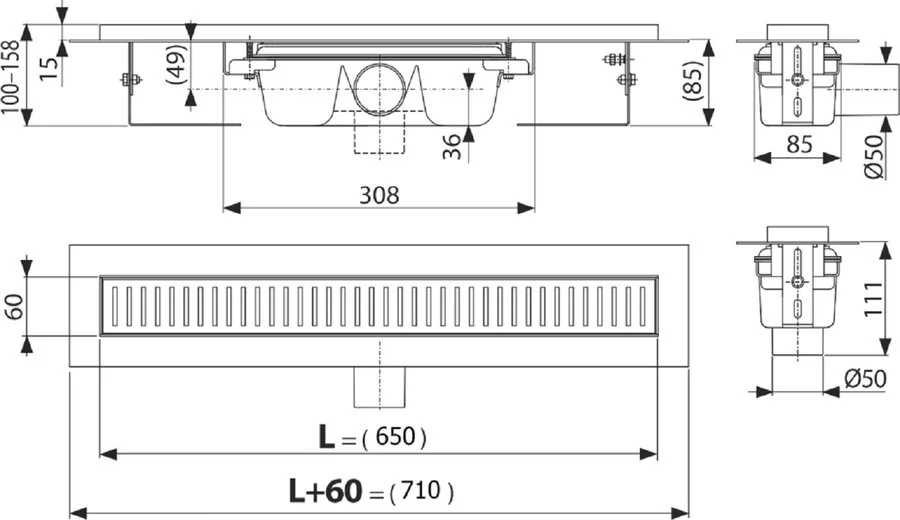 Душевой лоток Alcaplast APZ 65 см с перфорированной решеткой APZ1SMART-LINE-650 (детальная фотография), другие