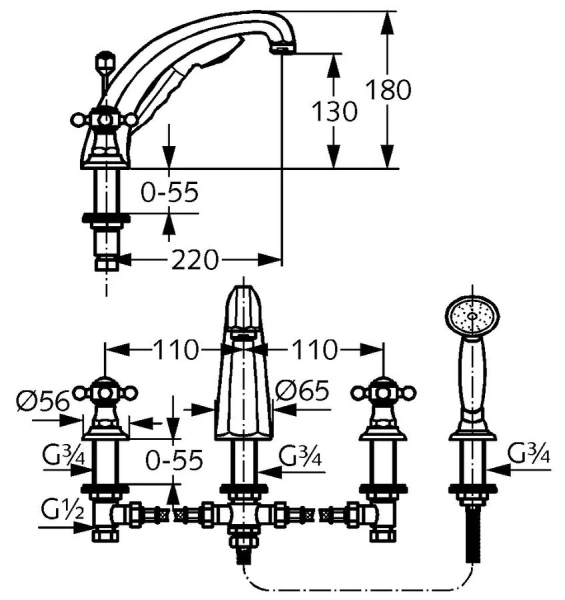 Смеситель для ванны Kludi 1926 51524 двухвентильный 5152405G5 (детальная фотография), для ванны