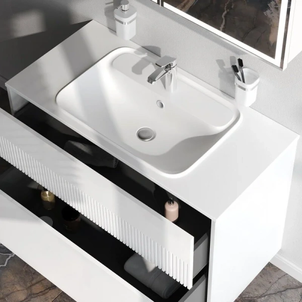 Тумба с раковиной подвесная Am.Pm Func M8FFUX1002WM 100 см с ящиками (детальная фотография), моноблок, под накладную раковину