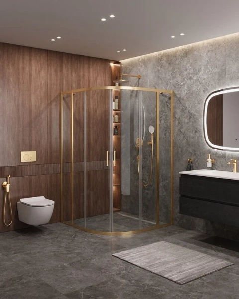 Душевой уголок Cezares Molveno 130х130 см стекло прозрачное профиль золото MOLVENO-R-22-100+30-C-BORO-IV (детальная фотография), современные, hi-tech