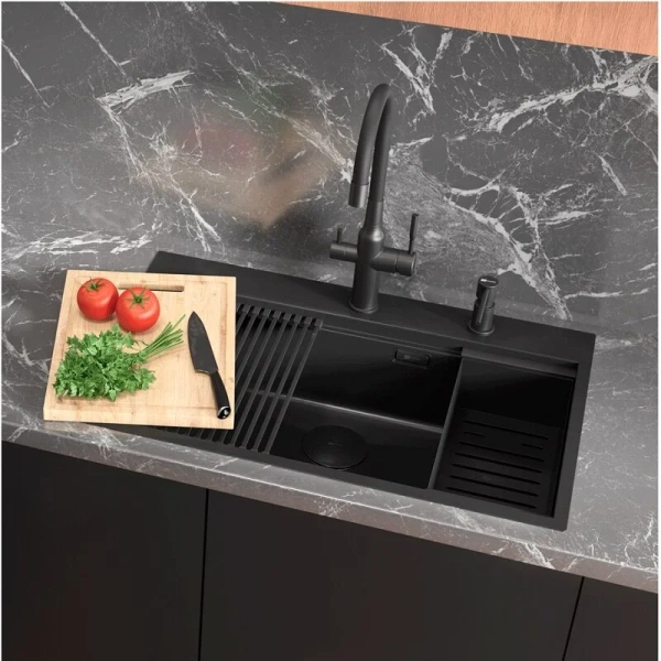 Мойка для кухни Lemark Iordana 78 см чёрный матовый 9932120 (детальная фотография), без крыла