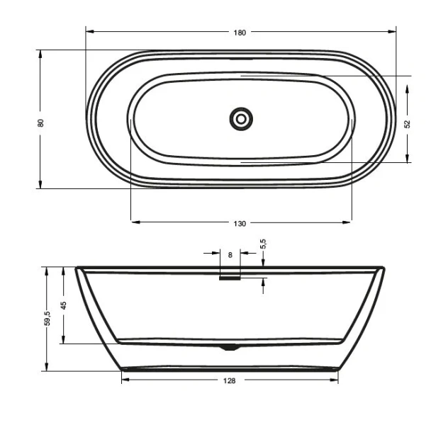 Ванна акриловая Riho Inspire FS B085001005, 180 x 80 см, белая (детальная фотография), современныe, hi-tech