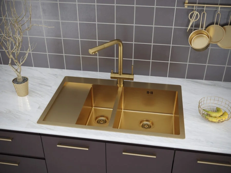 Мойка для кухни Paulmark Liga 78 см брашированное золото, левостороняя PM227851-BGL (детальная фотография), в наличии