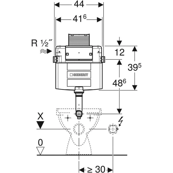 Бачок скрытого монтажа Geberit Omega 12 без клавиши 109.050.00.1 (детальная фотография), слив эконом-стандарт под две клавиши