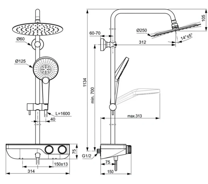 Душевая стойка Ideal Standard CeraTherm S200 с термостатом A7331AA (детальная фотография), современные, hi-tech
