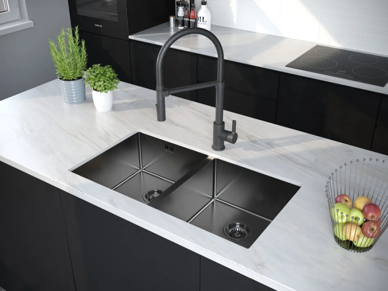 Мойка для кухни Paulmark Twin 78 см вороненая сталь PM237844-GM (детальная фотография), прямоугольной формы
