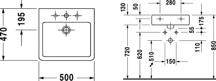 Раковина Duravit Vero 50 см белая 0454500000 (детальная фотография), из санфарфора