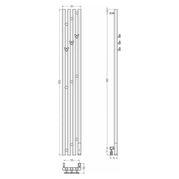 Полотенцесушитель электрический Сунержа Кантата 3.0 15.9x150 см правый золотой шелк 32-5847-1516 (детальная фотография), из нержавеющей стали, без полки, неповоротные, с терморегулятором