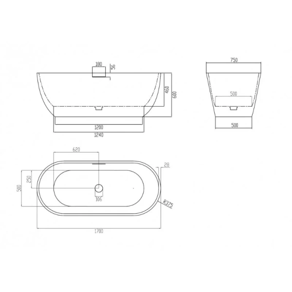 Ванна из искусственного камня Abber Frankfurt 170x75 см черно-белая матовая AM9941BW (детальная фотография), искусственный камень