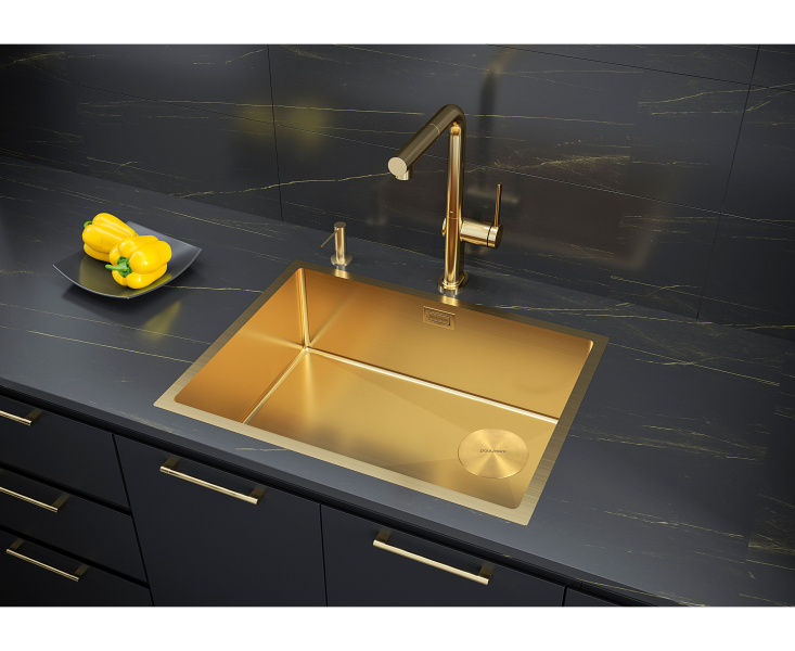 Мойка для кухни Paulmark Next-Skew 58 см брашированное золото PM885844-BG (детальная фотография), из нержавеющей стали, стальные, металлические