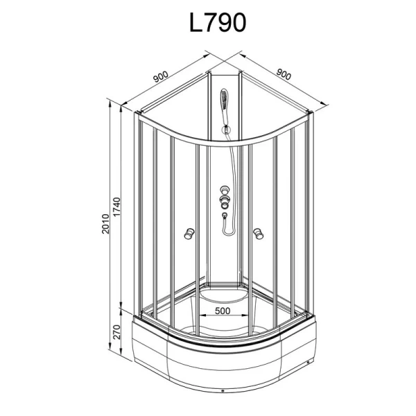Душевая кабина Deto L 90x90 см без крыши L790N (детальная фотография), полукруглые, четверть круга