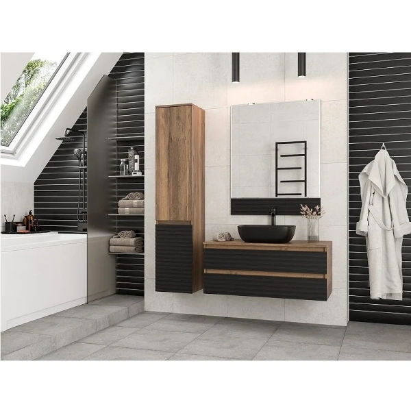 Тумба под раковину подвесная Brevita Dakota 80 см дуб галифакс олово, черный кварц DAK-09080-19/02-2Я (детальная фотография), недорогo, комплект (набор)