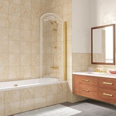 Душевая шторка на ванную профиль золотой стекло прозрачное рисунок матовый Vegas-glass