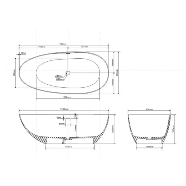 Ванна из искусственного камня Abber Stein 170x80 см белая матовая AS9611NM-1.7 (детальная фотография), искусственный камень