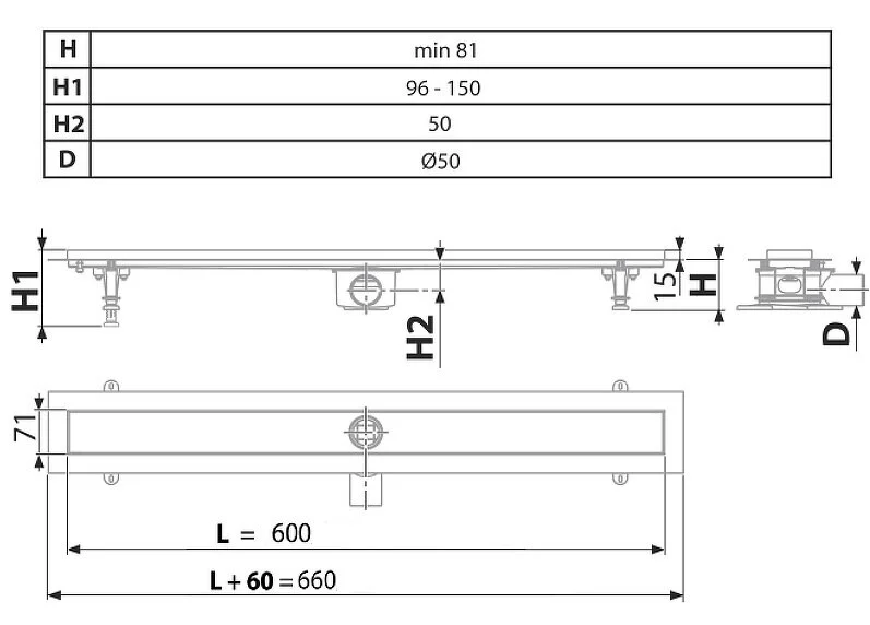 Душевой лоток Timo Standart 60 см из нержавеющей стали DP20-600 (детальная фотография), душевой лоток