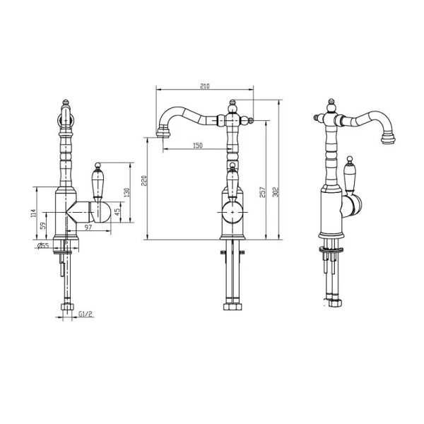 Смеситель для раковины Boheme Tradizionale Chromo хром ручка черная 262-BLC (детальная фотография), для раковины