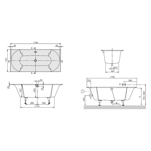 Ванна квариловая Villeroy & Boch Pavia 170х75 см белая с ножками UBQ170PAV2V-01 (детальная фотография), современныe, hi-tech